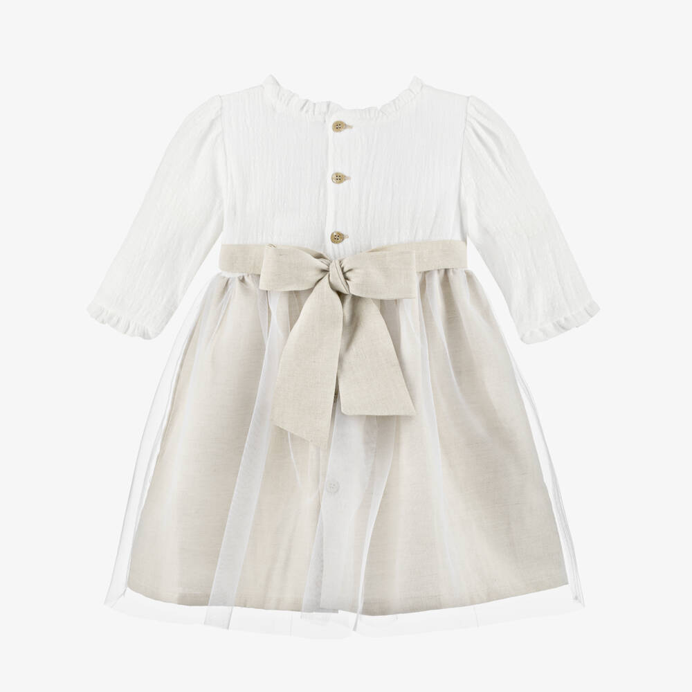 Babidu-Girls Beige Cotton & Tulle Dress | Childrensalon Outlet