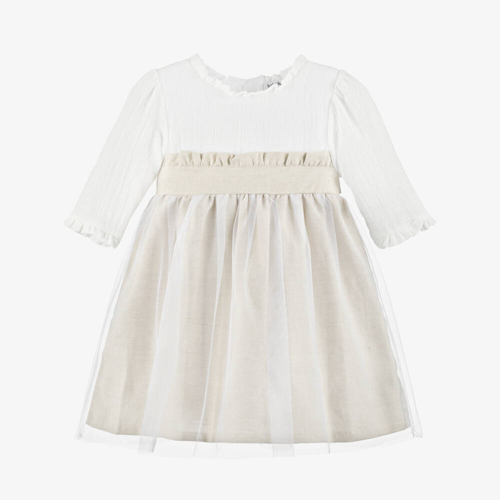 Babidu-Girls Beige Cotton & Tulle Dress | Childrensalon Outlet