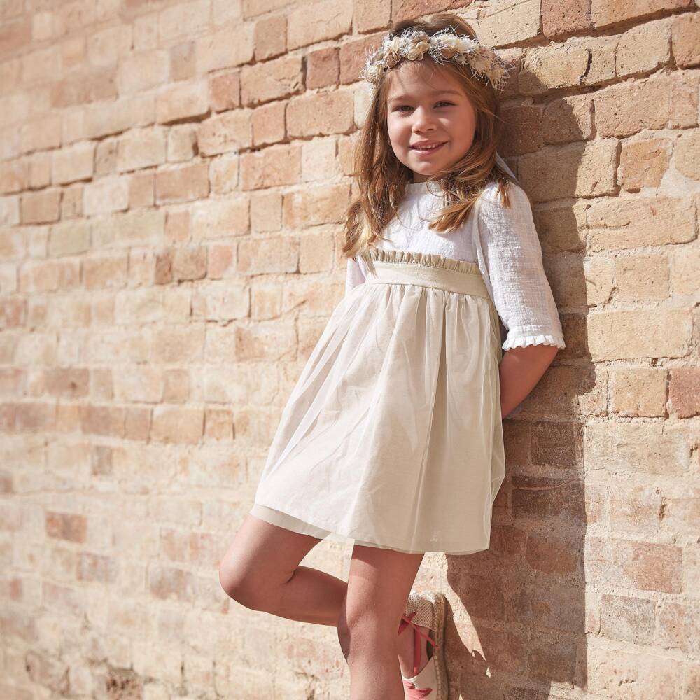 Babidu-Girls Beige Cotton & Tulle Dress | Childrensalon Outlet