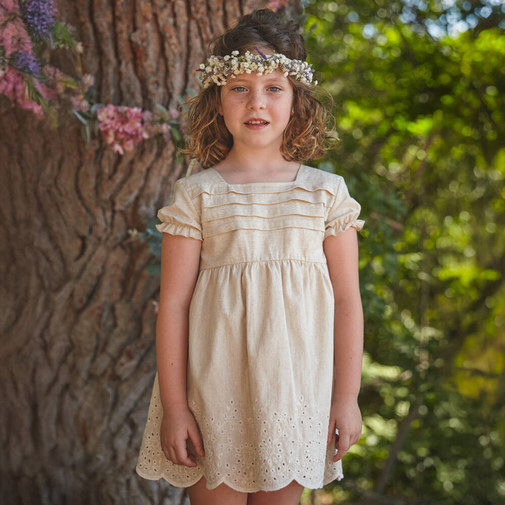Babidu-Girls Beige Embroidered Linen Dress | Childrensalon Outlet