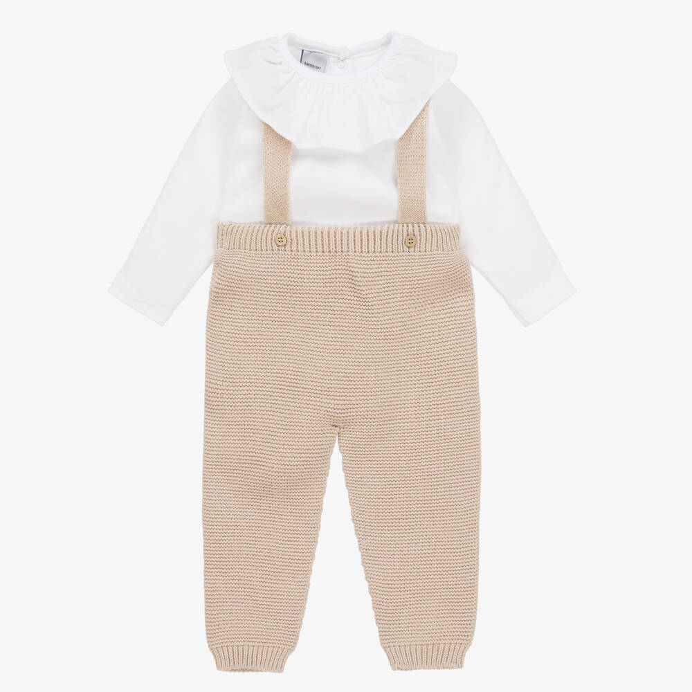 Babidu - Girls Beige Knitted Trouser Set | Childrensalon