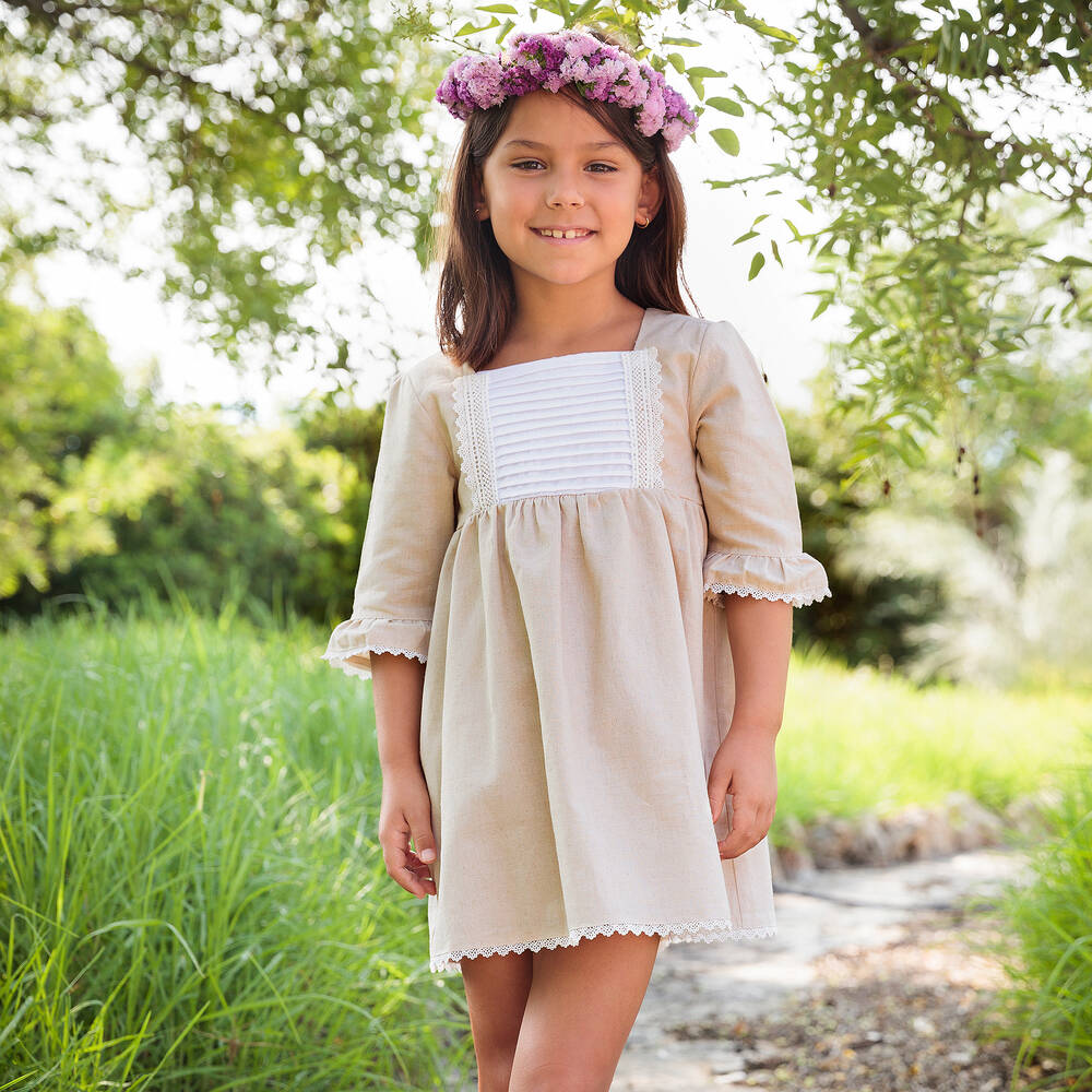 بابيدو -فستان مزيج قطن وكتان لون بيج | Childrensalon Outlet