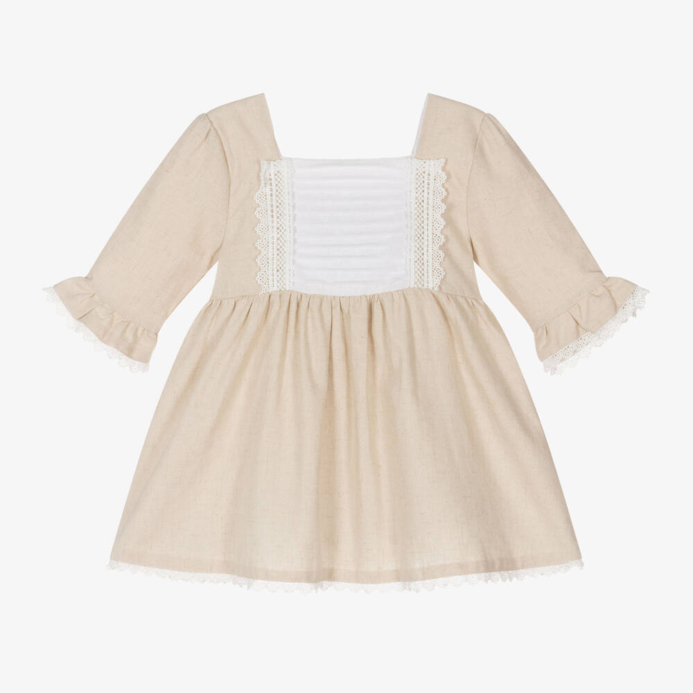 Babidu-Girls Beige Linen & Cotton Dress | Childrensalon Outlet