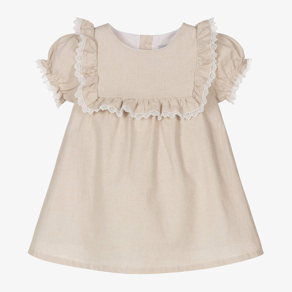 Babidu-Girls Beige Linen & Cotton Lace Dress | Childrensalon Outlet