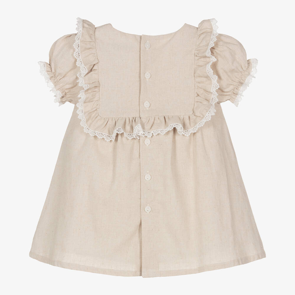 Babidu-Girls Beige Linen & Cotton Lace Dress | Childrensalon Outlet