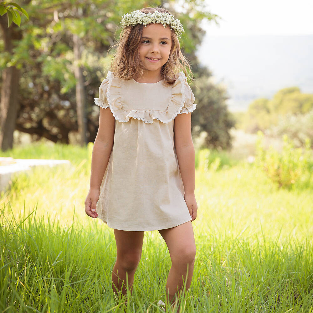 Babidu-Girls Beige Linen & Cotton Lace Dress | Childrensalon Outlet