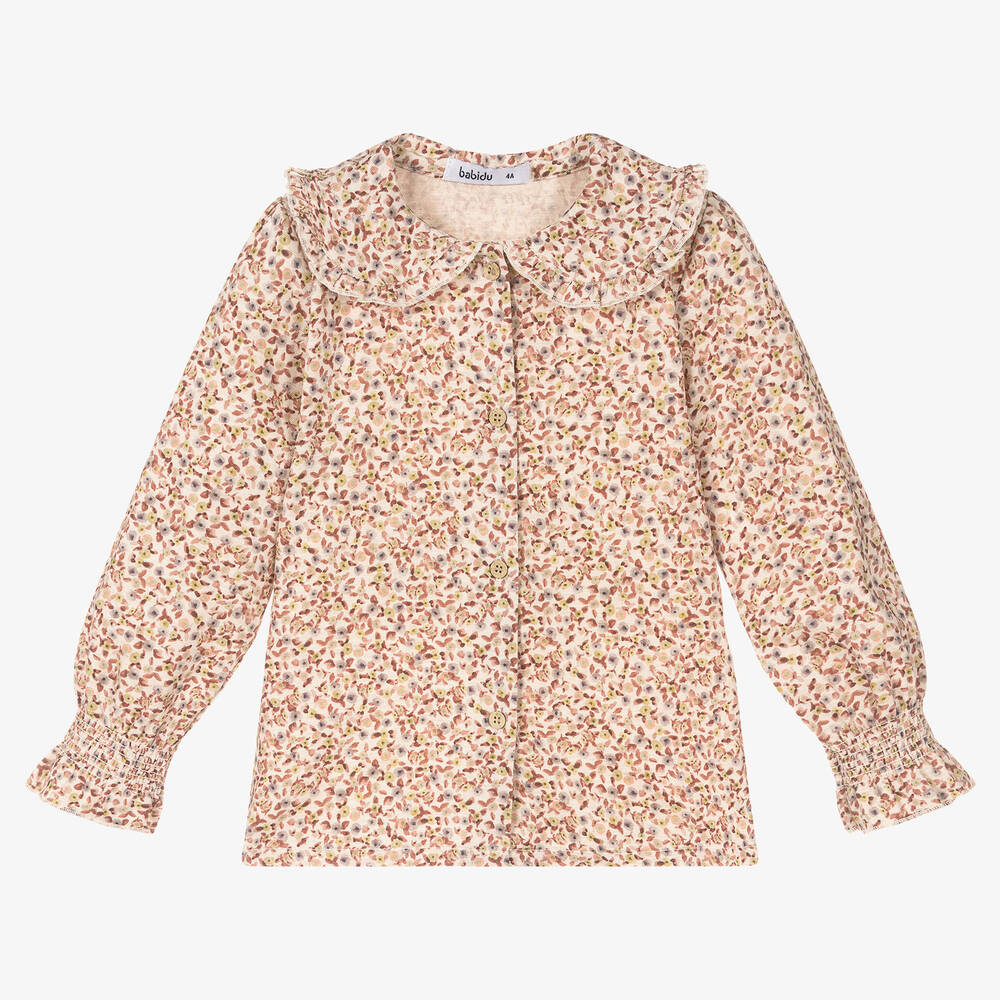 Babidu - Girls Beige & Pink Floral Cotton Blouse | Childrensalon