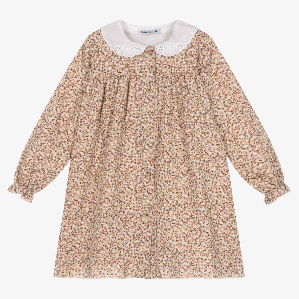 Babidu - Girls Beige & Pink Floral Dress | Childrensalon