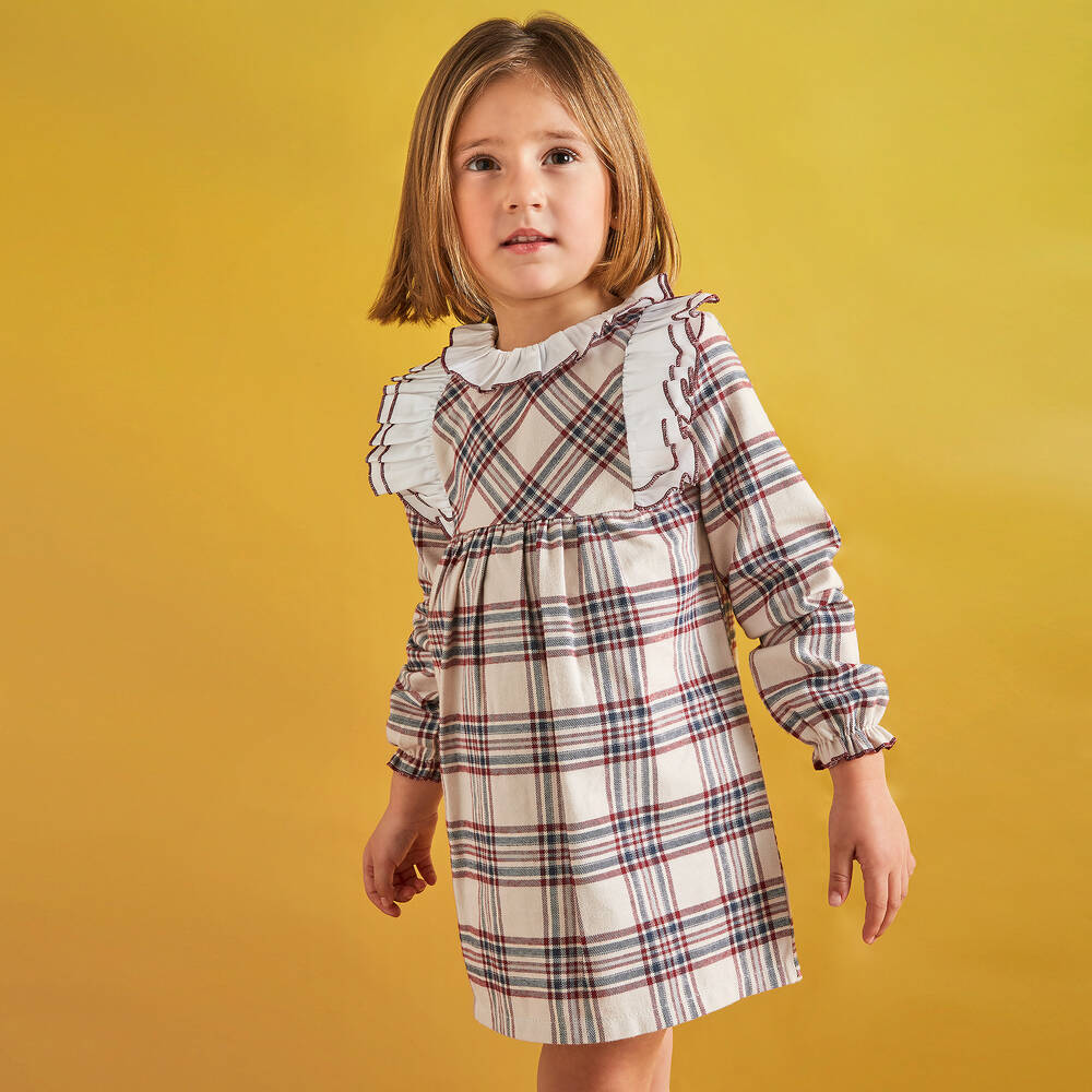 Babidu-فستان قطن كاروهات لون بيج وأحمر | Childrensalon Outlet