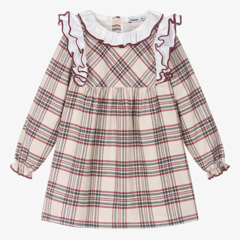 Babidu - Girls Beige & Red Check Dress | Childrensalon