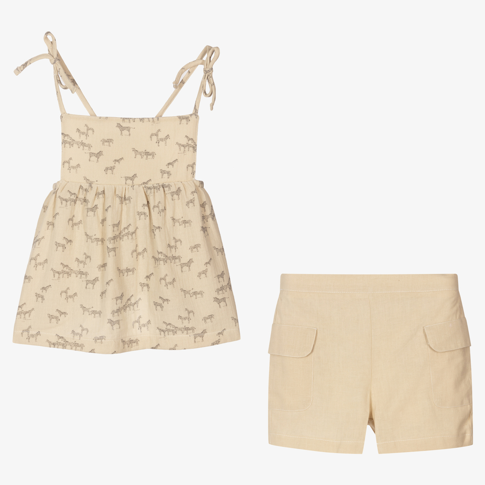 Babidu-Girls Beige Zebra Shorts Set | Childrensalon Outlet