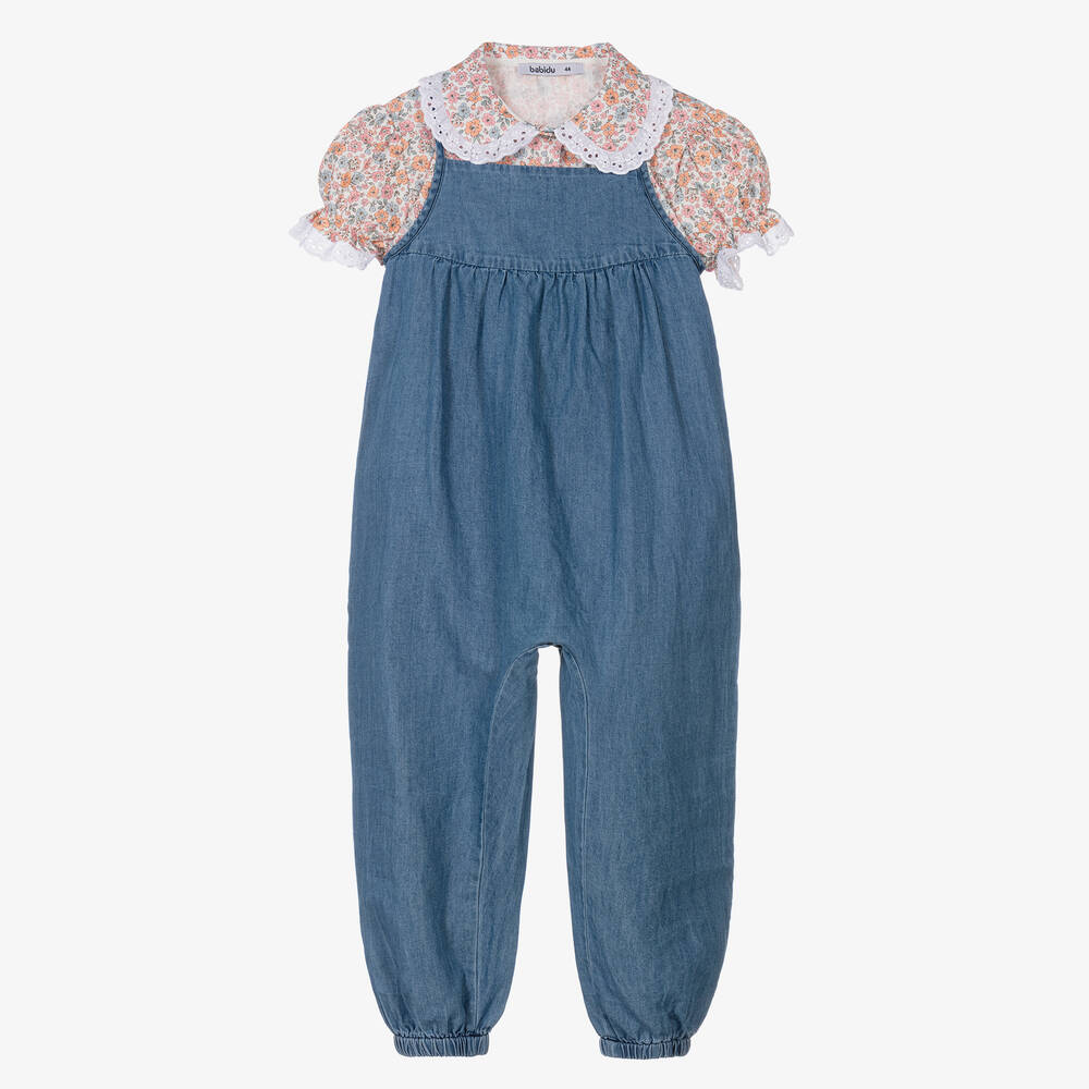 Babidu - Girls Blue Chambray Dungaree Set | Childrensalon