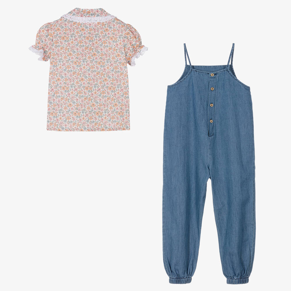 Babidu-Girls Blue Chambray Dungaree Set | Childrensalon Outlet