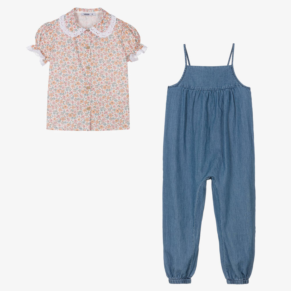 Babidu-Girls Blue Chambray Dungaree Set | Childrensalon Outlet