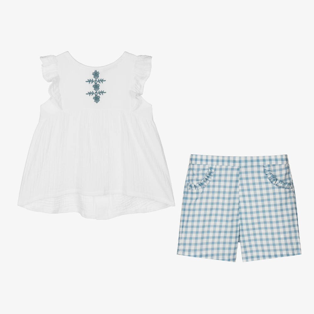 Babidu-طقم شورت كاروهات قطن لون أزرق وأبيض للبنات | Childrensalon Outlet