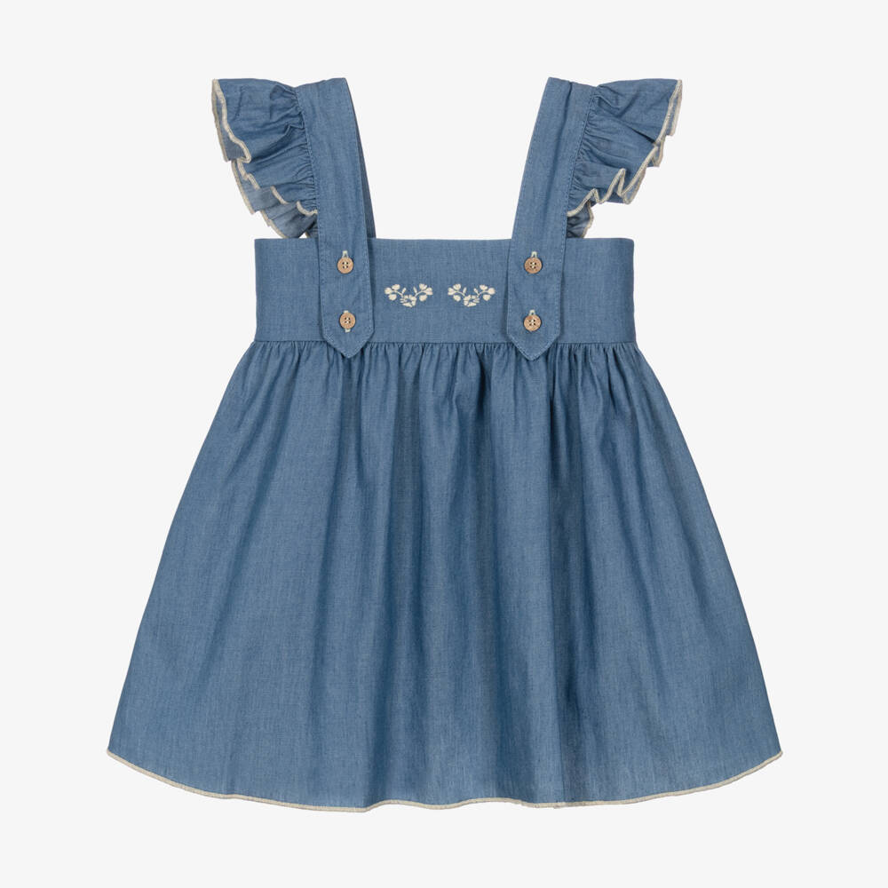 Babidu-Girls Blue Cotton Chambray Dress with Floral Embroidery | Childrensalon Outlet