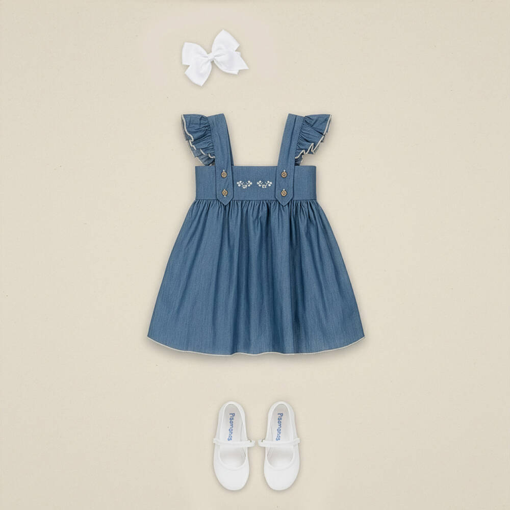 Babidu-Girls Blue Cotton Chambray Dress with Floral Embroidery | Childrensalon Outlet