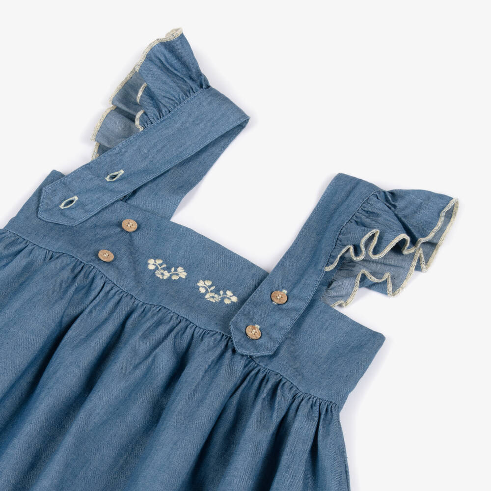 Babidu-Girls Blue Cotton Chambray Dress with Floral Embroidery | Childrensalon Outlet