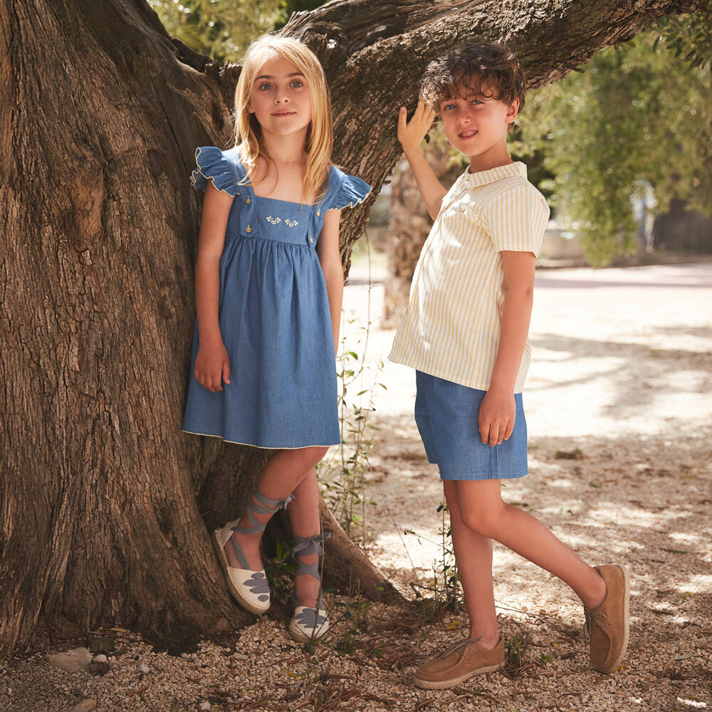 Babidu-Girls Blue Cotton Chambray Dress with Floral Embroidery | Childrensalon Outlet