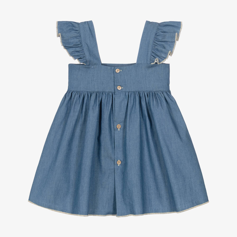 Babidu-Girls Blue Cotton Chambray Dress with Floral Embroidery | Childrensalon Outlet