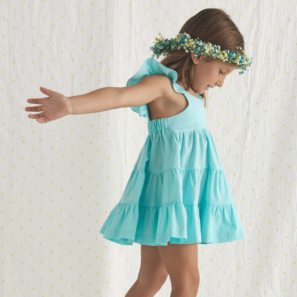 Babidu-فستان قطن بوبلين لون أزرق تركواز | Childrensalon Outlet