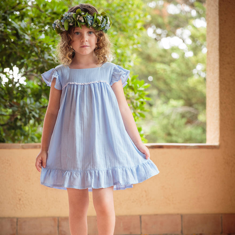 Babidu-Girls Blue Cotton Dress | Childrensalon Outlet