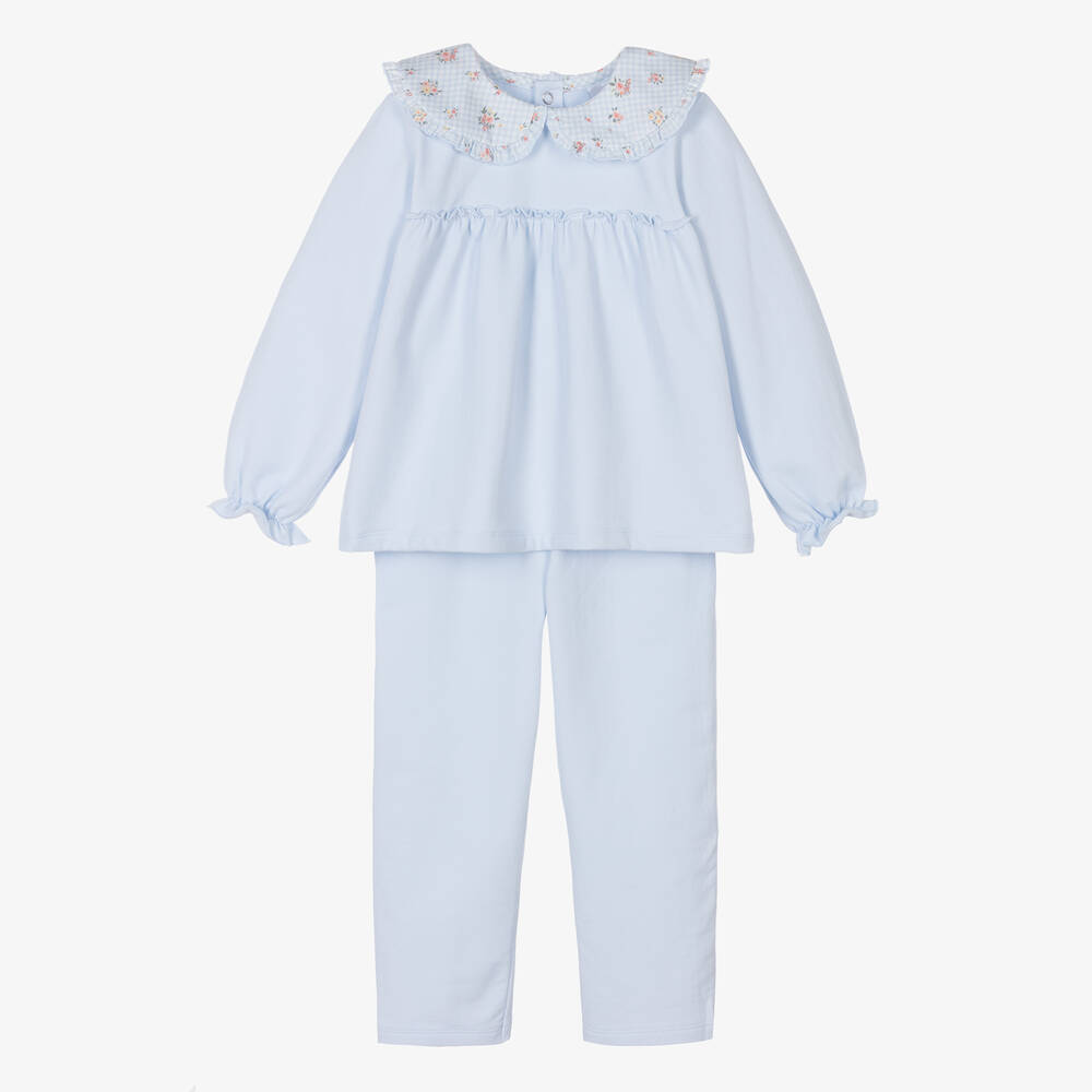 Babidu - Girls Blue Cotton Jersey Trouser Set | Childrensalon