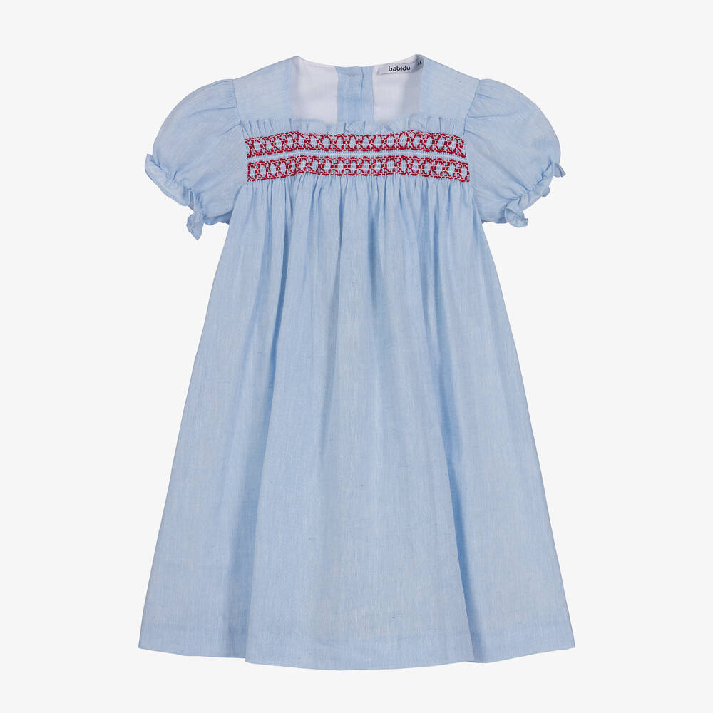 Babidu - Girls Blue Cotton Smocked Dress | Childrensalon