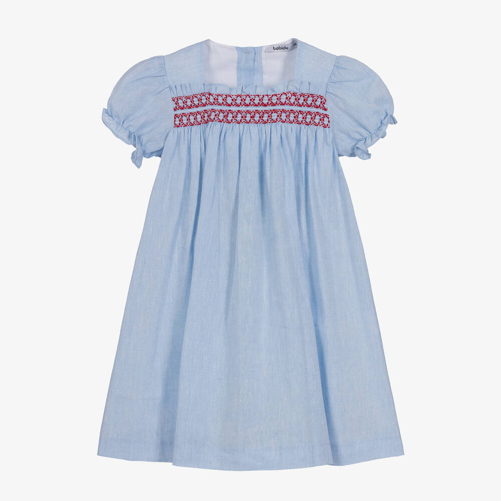 Babidu - Robe bleue smockée en coton fille | Childrensalon