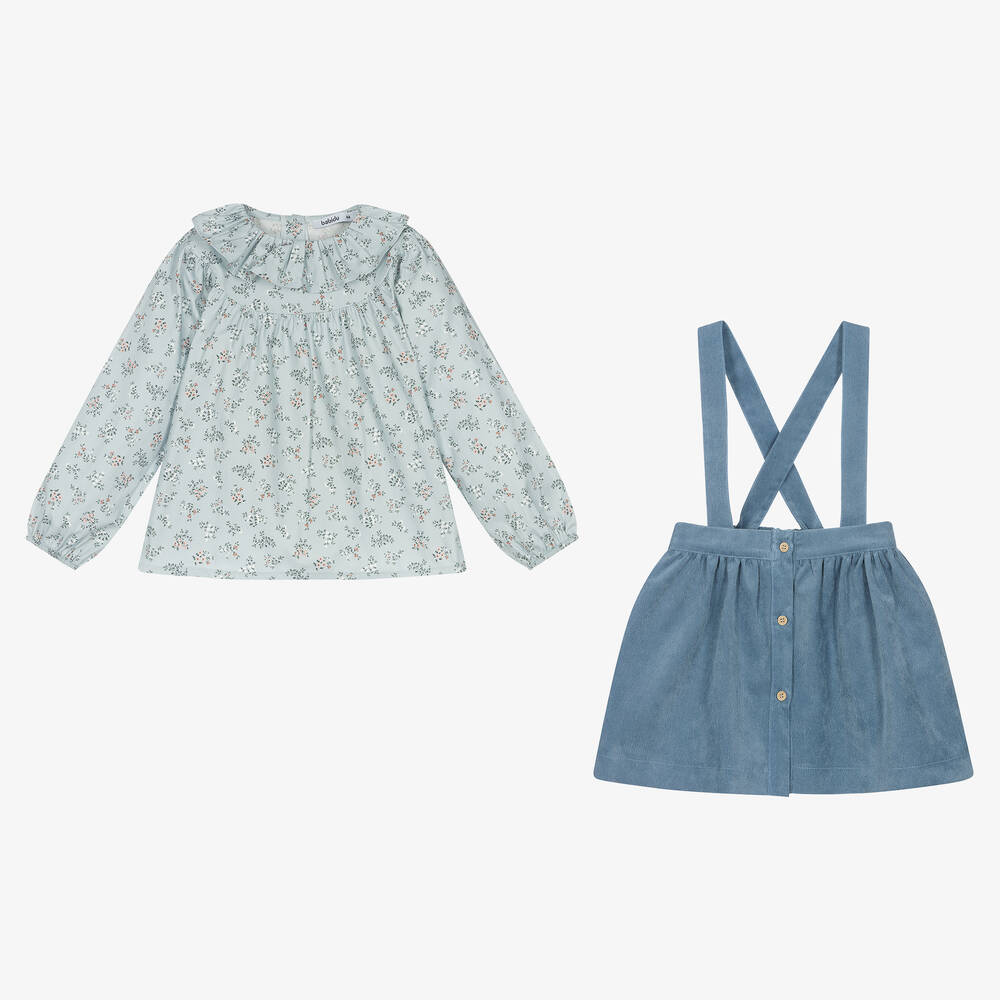 Babidu-طقم تنورة مزيج قطن تويل لون أزرق بطبعة ورود | Childrensalon Outlet