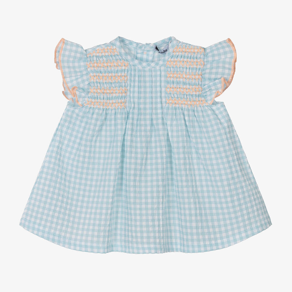 Babidu-Girls Blue Gingham Seersucker Dress  | Childrensalon Outlet