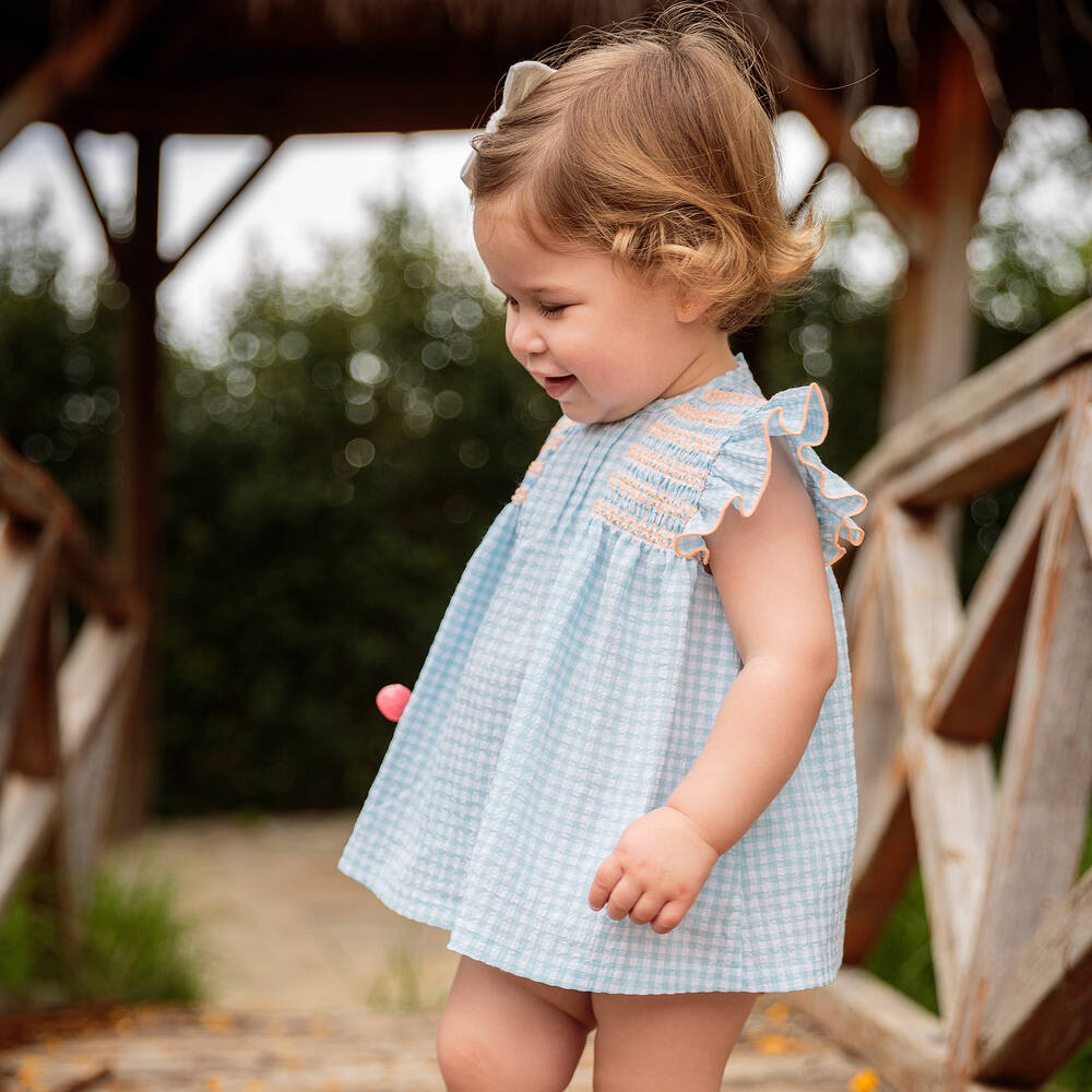 Babidu-Girls Blue Gingham Seersucker Dress  | Childrensalon Outlet