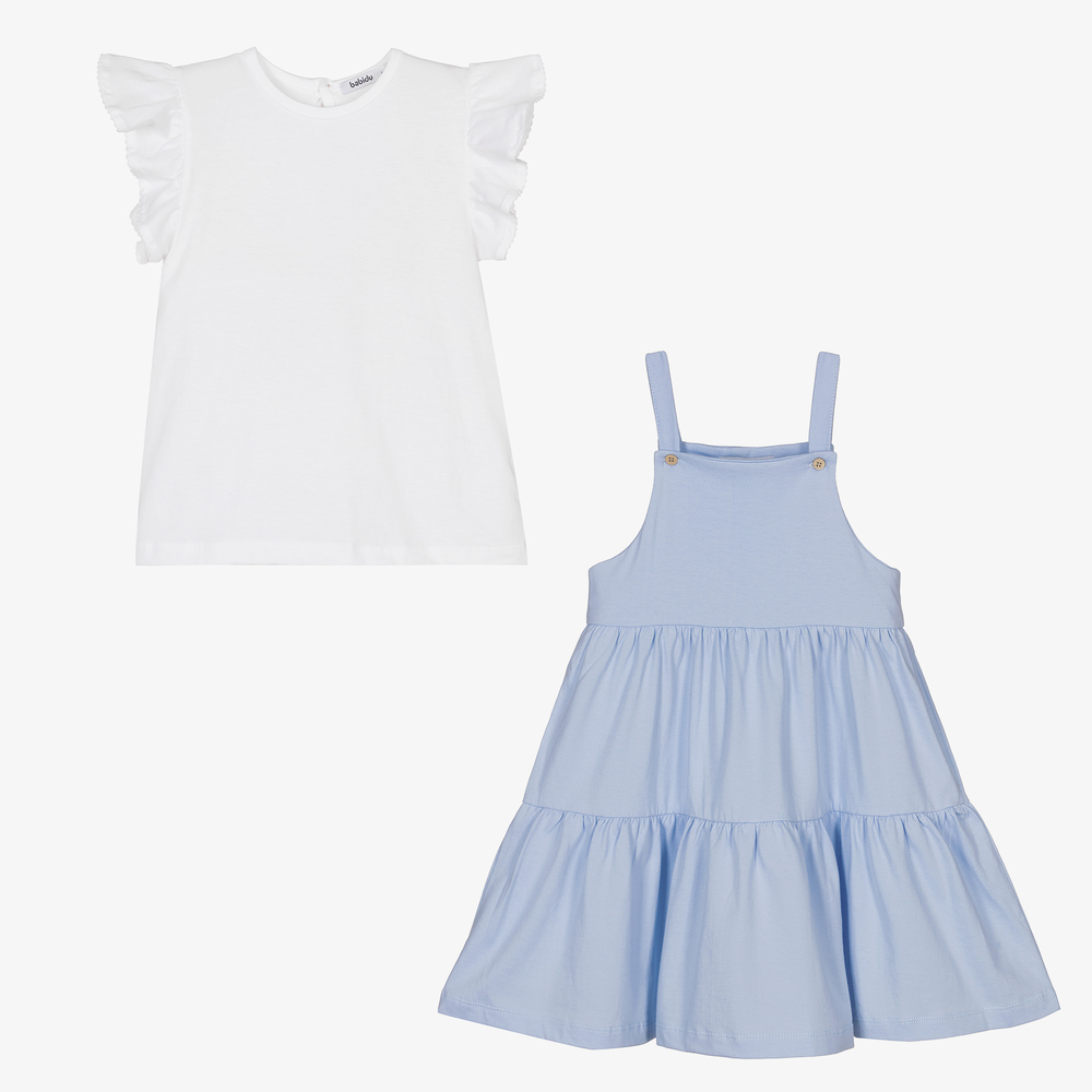 Babidu-طقم فستان قطن لون أزرق وأبيض | Childrensalon Outlet