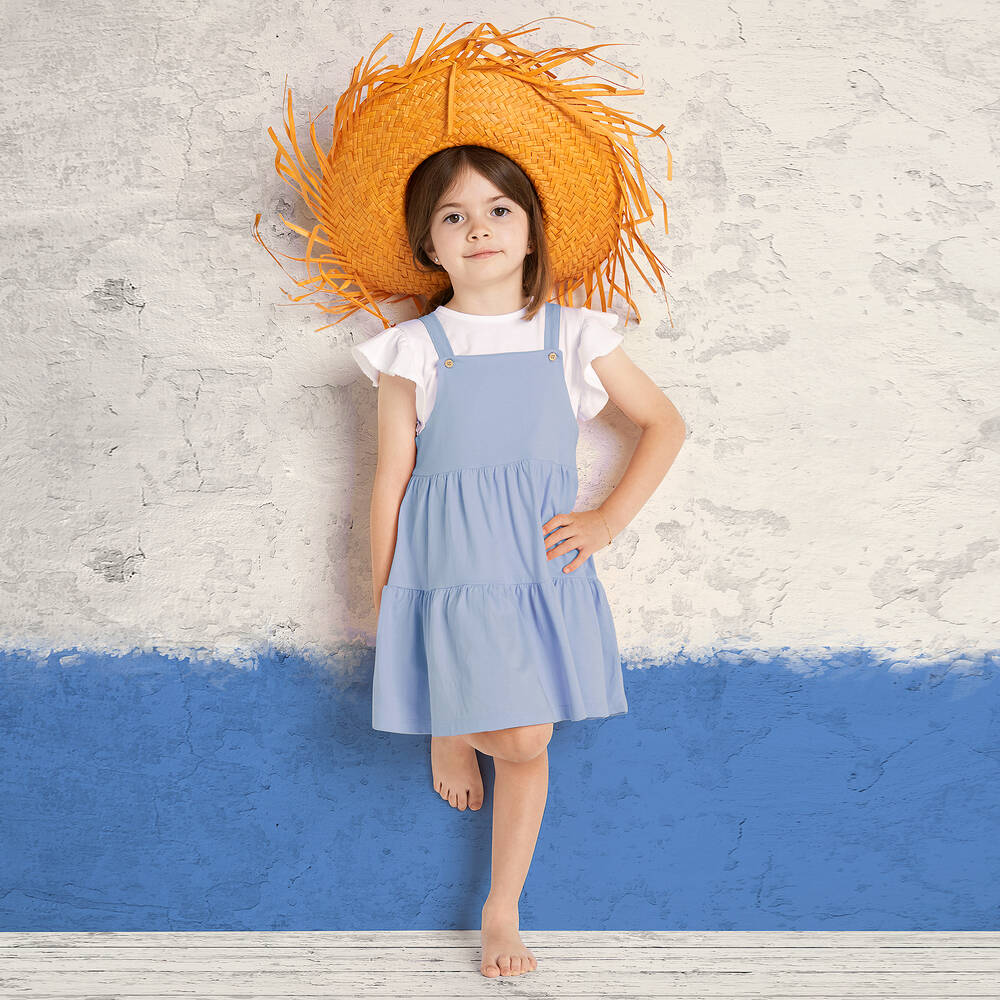 Babidu-طقم فستان قطن لون أزرق وأبيض | Childrensalon Outlet