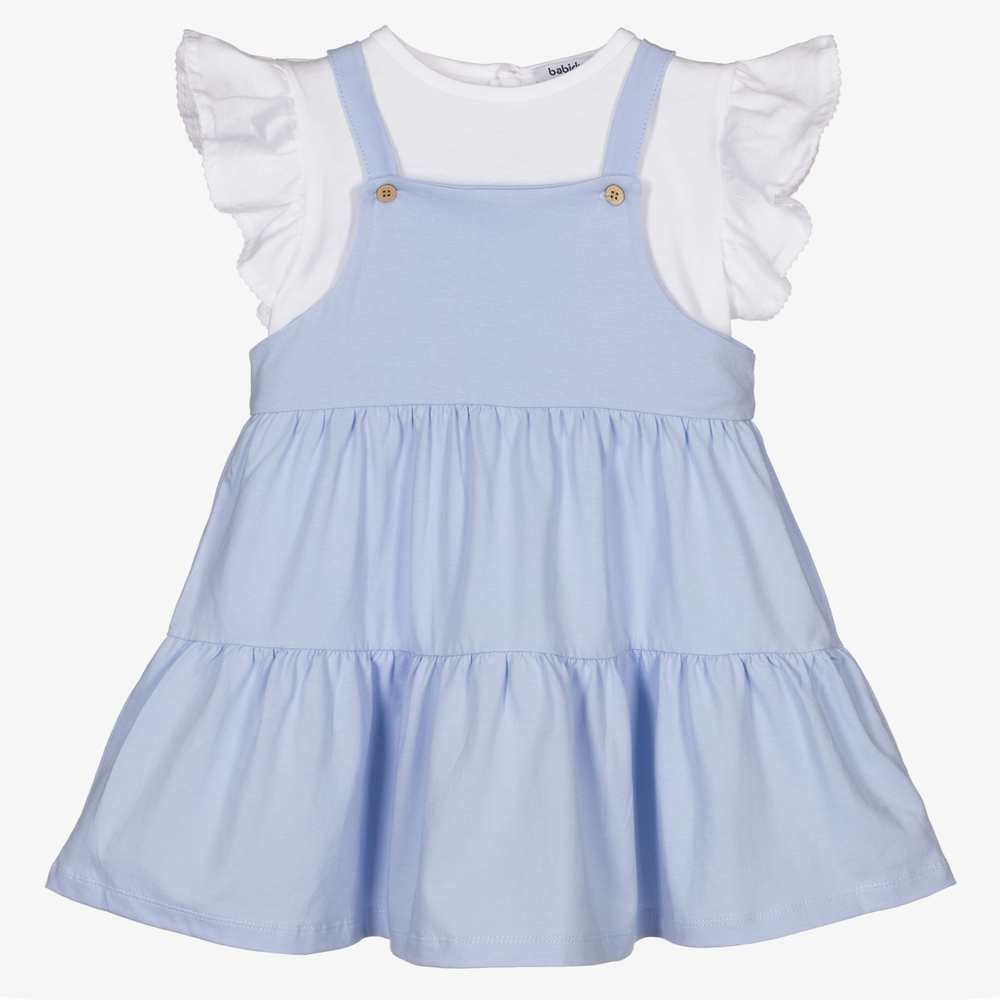 Babidu - طقم فستان قطن لون أزرق وأبيض  | Childrensalon