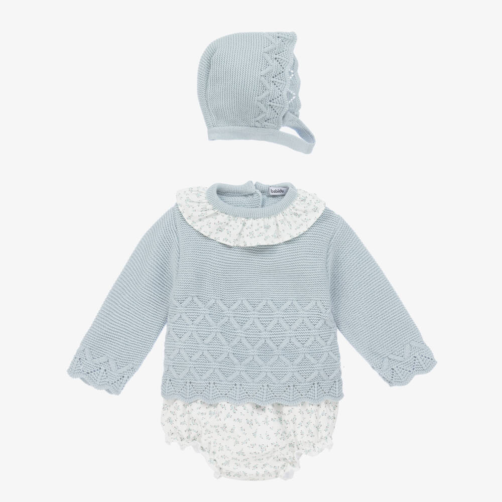 Babidu-Girls Blue Knit Floral Ensemble | Childrensalon Outlet