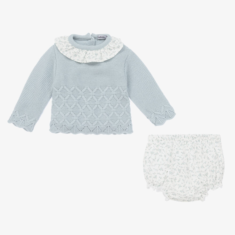 Babidu-Girls Blue Knit Floral Ensemble | Childrensalon Outlet