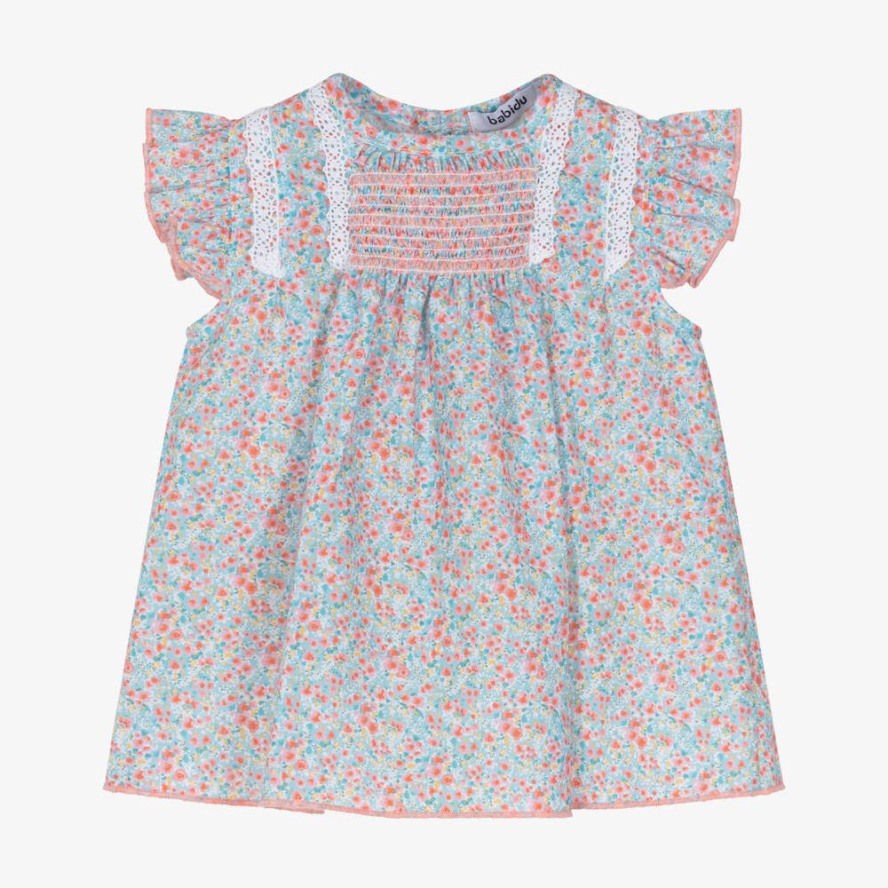 Babidu-Girls Blue & Pink Floral Print Cotton Dress | Childrensalon Outlet