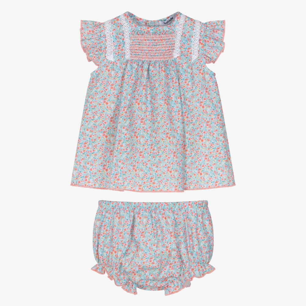 Babidu-Girls Blue & Pink Floral Print Cotton Dress | Childrensalon Outlet