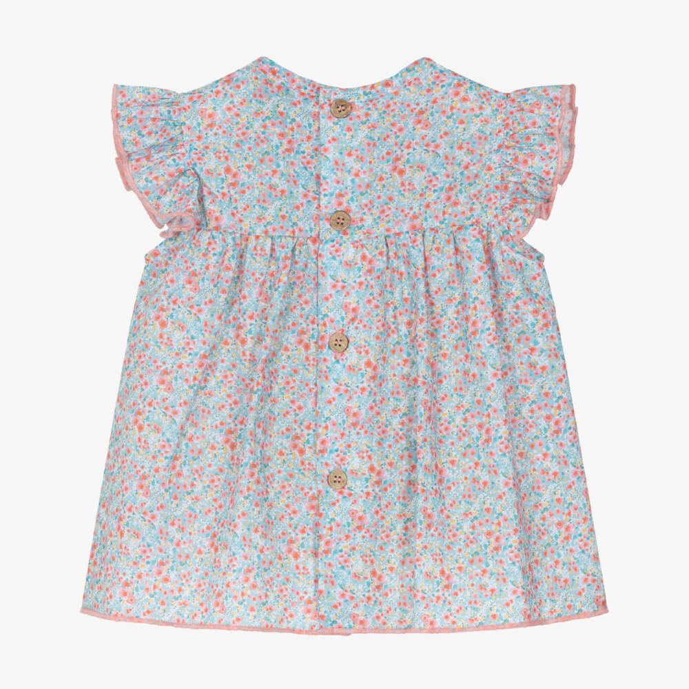 Babidu-Girls Blue & Pink Floral Print Cotton Dress | Childrensalon Outlet