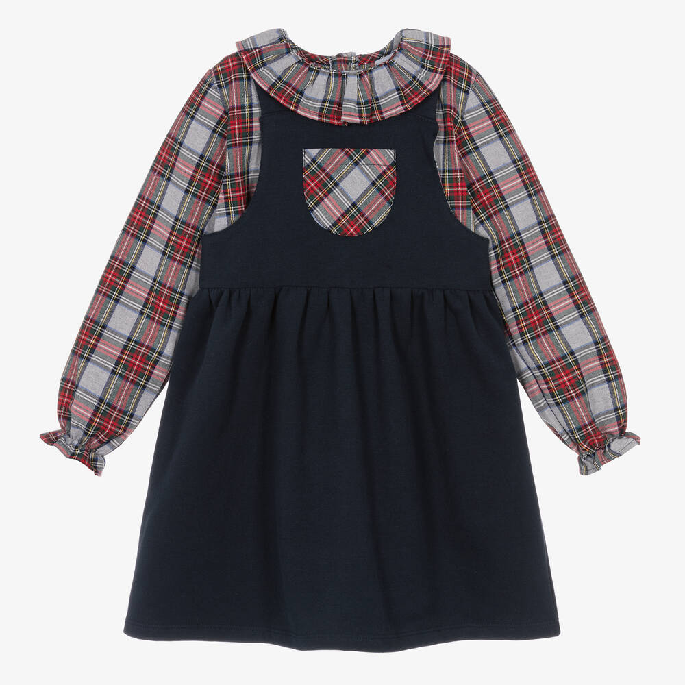 Babidu - Girls Blue & Red Tartan Pinafore Dress Set  | Childrensalon