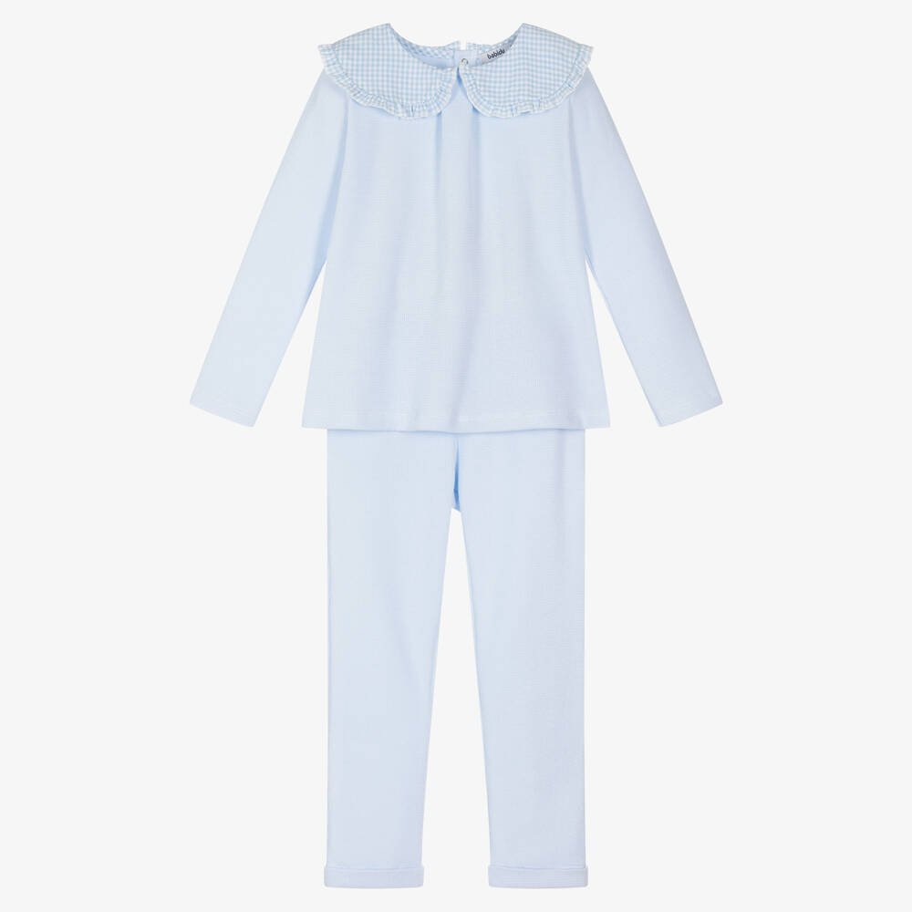 Babidu - Girls Blue Ribbed Trouser Set | Childrensalon