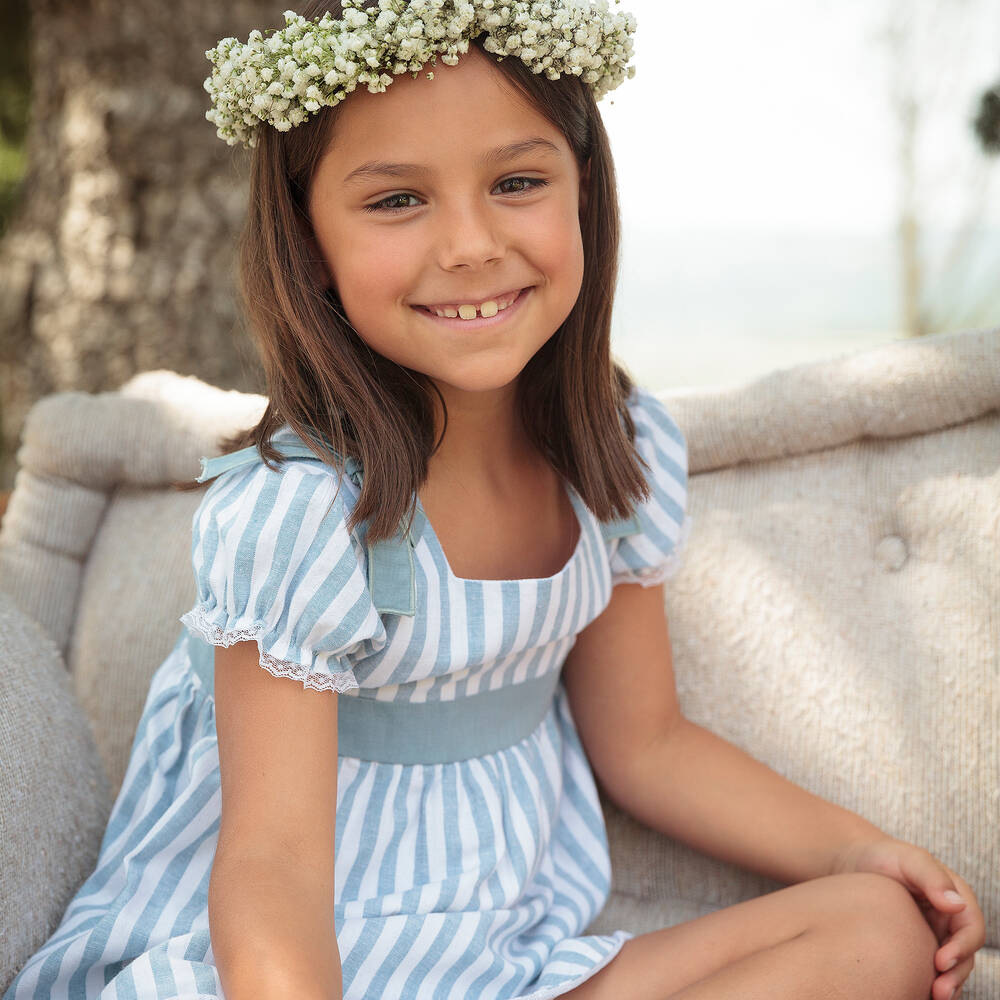 Babidu-Girls Blue Stripe Linen & Cotton Dress | Childrensalon Outlet