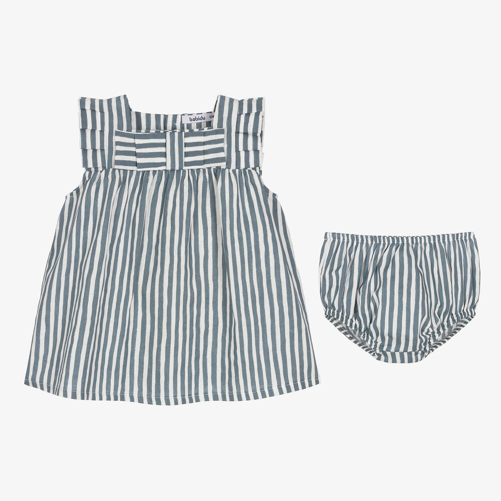 Babidu-فستان قطن بوبلين مقلم لون أبيض وأزرق | Childrensalon Outlet