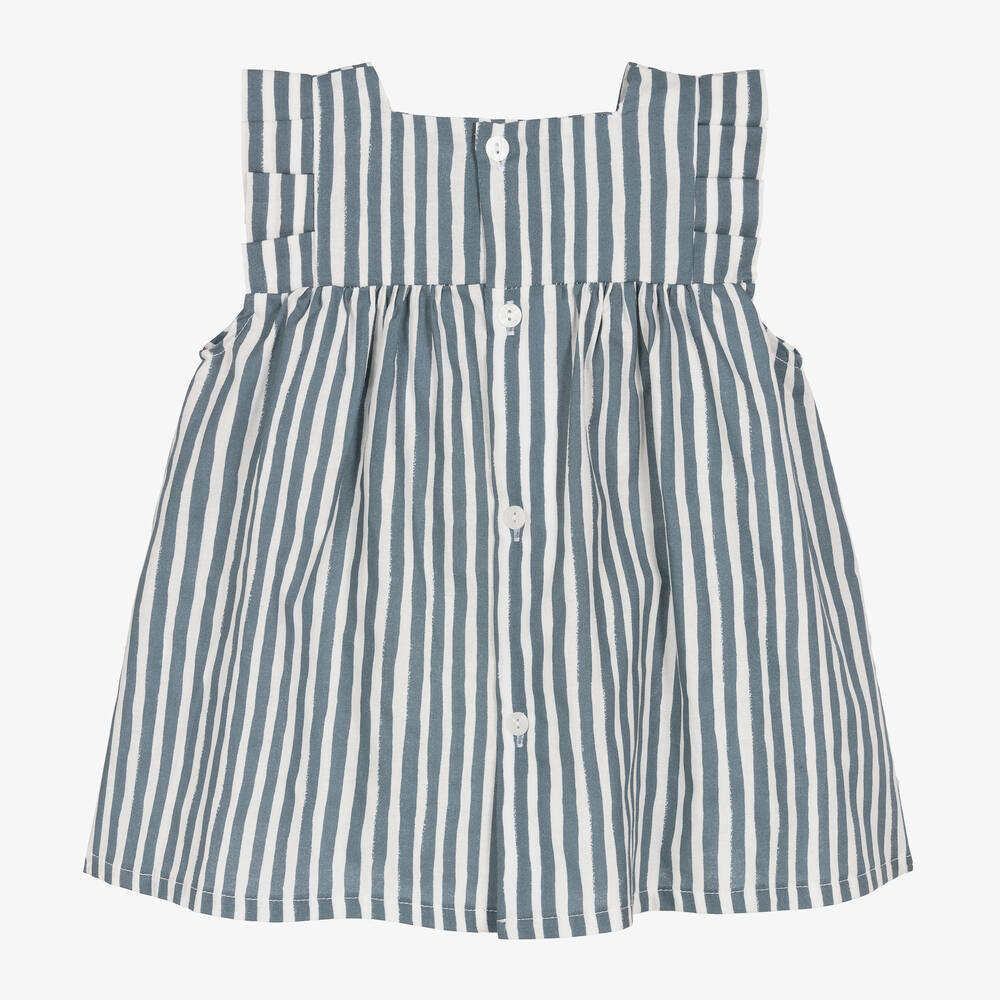 Babidu-فستان قطن بوبلين مقلم لون أبيض وأزرق | Childrensalon Outlet
