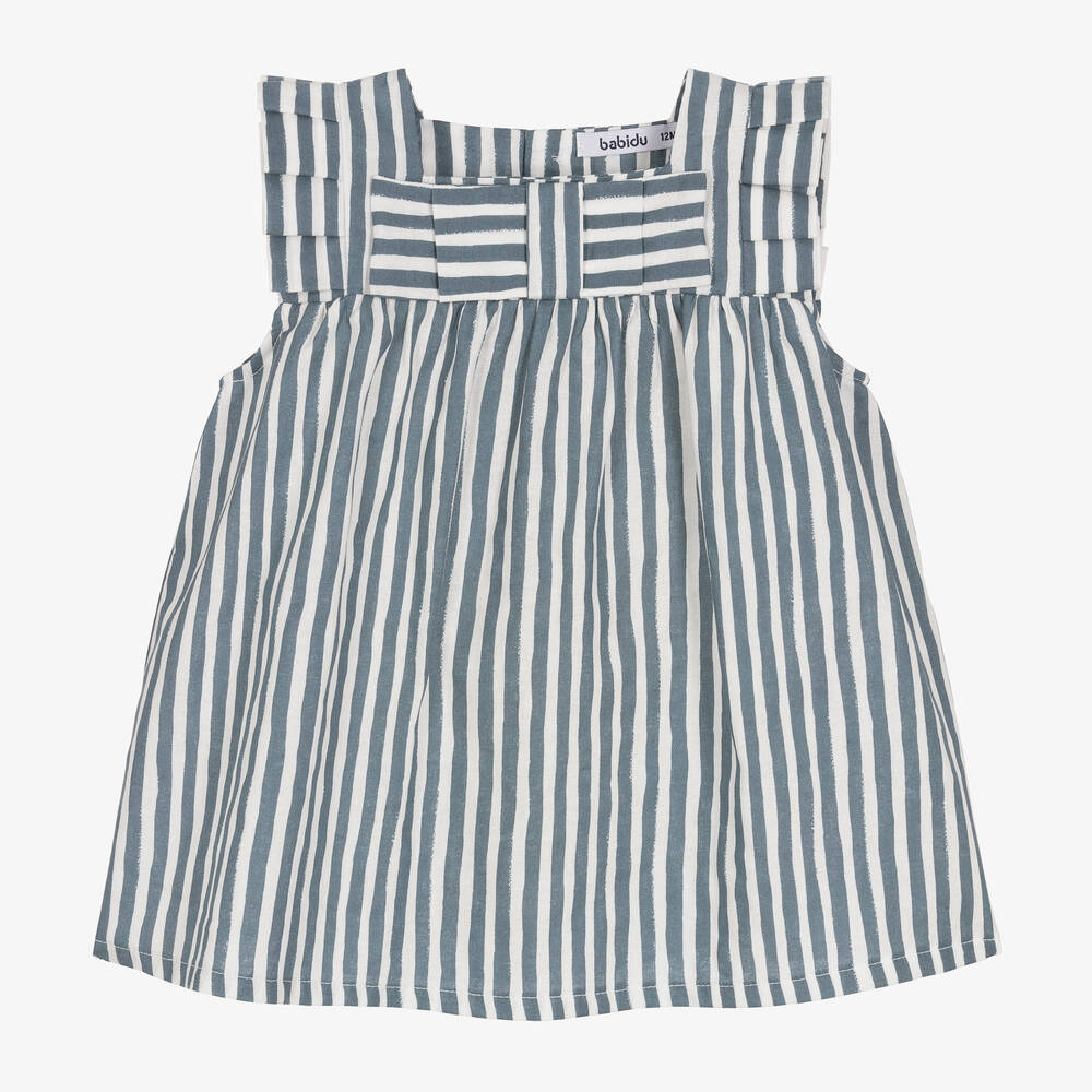 Babidu - Girls Blue Striped Cotton Dress | Childrensalon