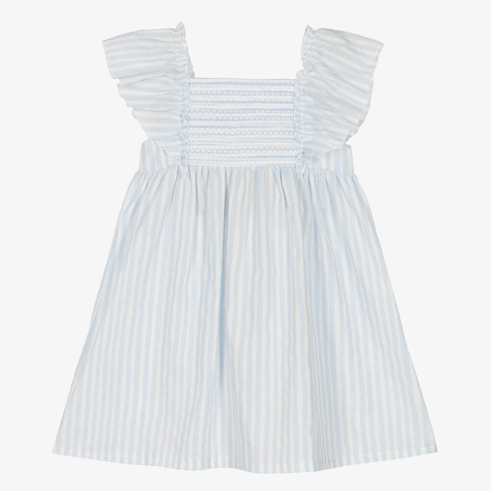 Babidu - Robe bleue rayée à smocks fille | Childrensalon