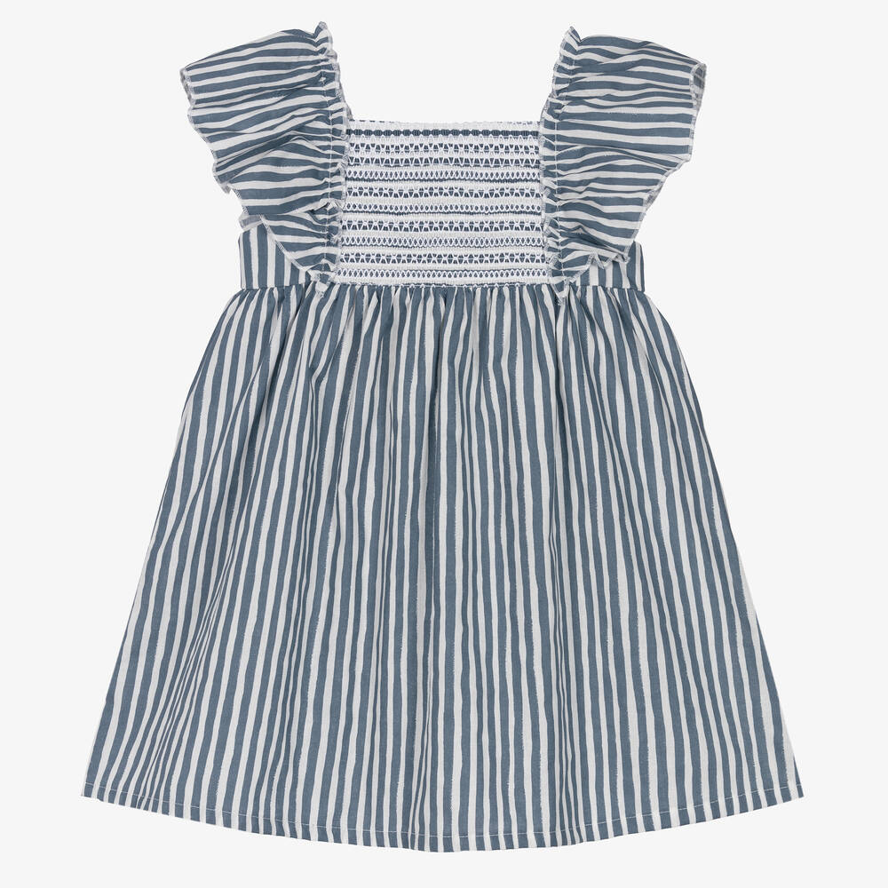 Babidu - Robe bleue rayée à smocks fille | Childrensalon