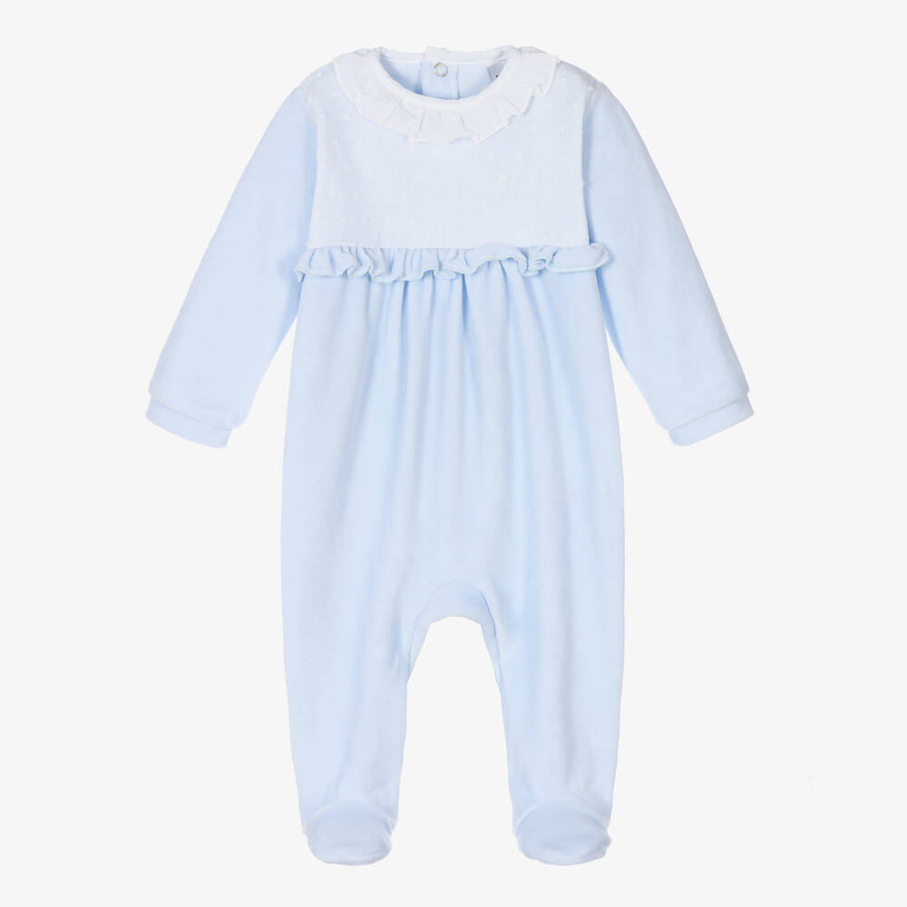 Babidu - Girls Blue Velour Babygrow | Childrensalon