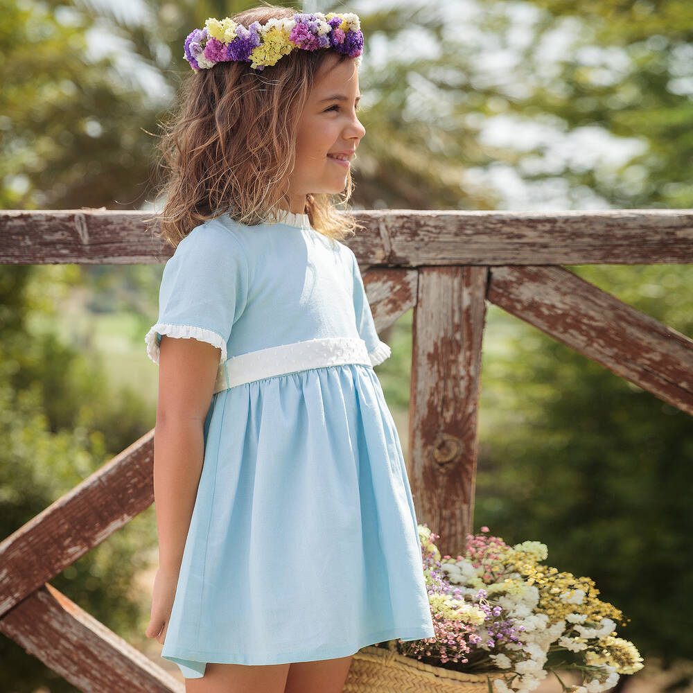 Babidu Girls Blue Viscose Linen Dress